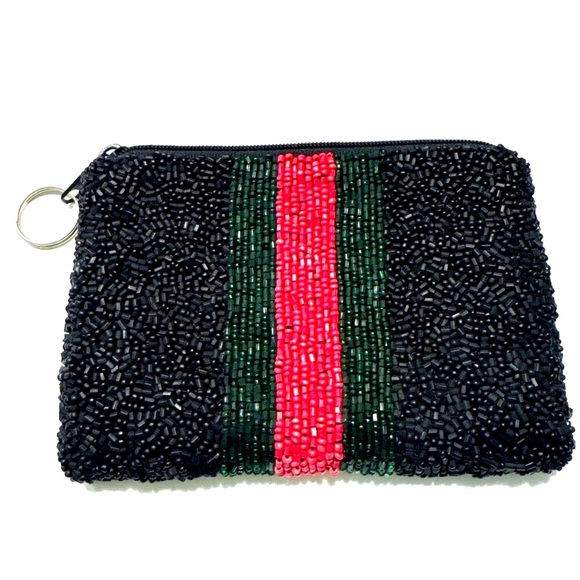 Black Beaded Coin Purse with Red & Green Center Stripe Zip Top - Picture 1 of 5